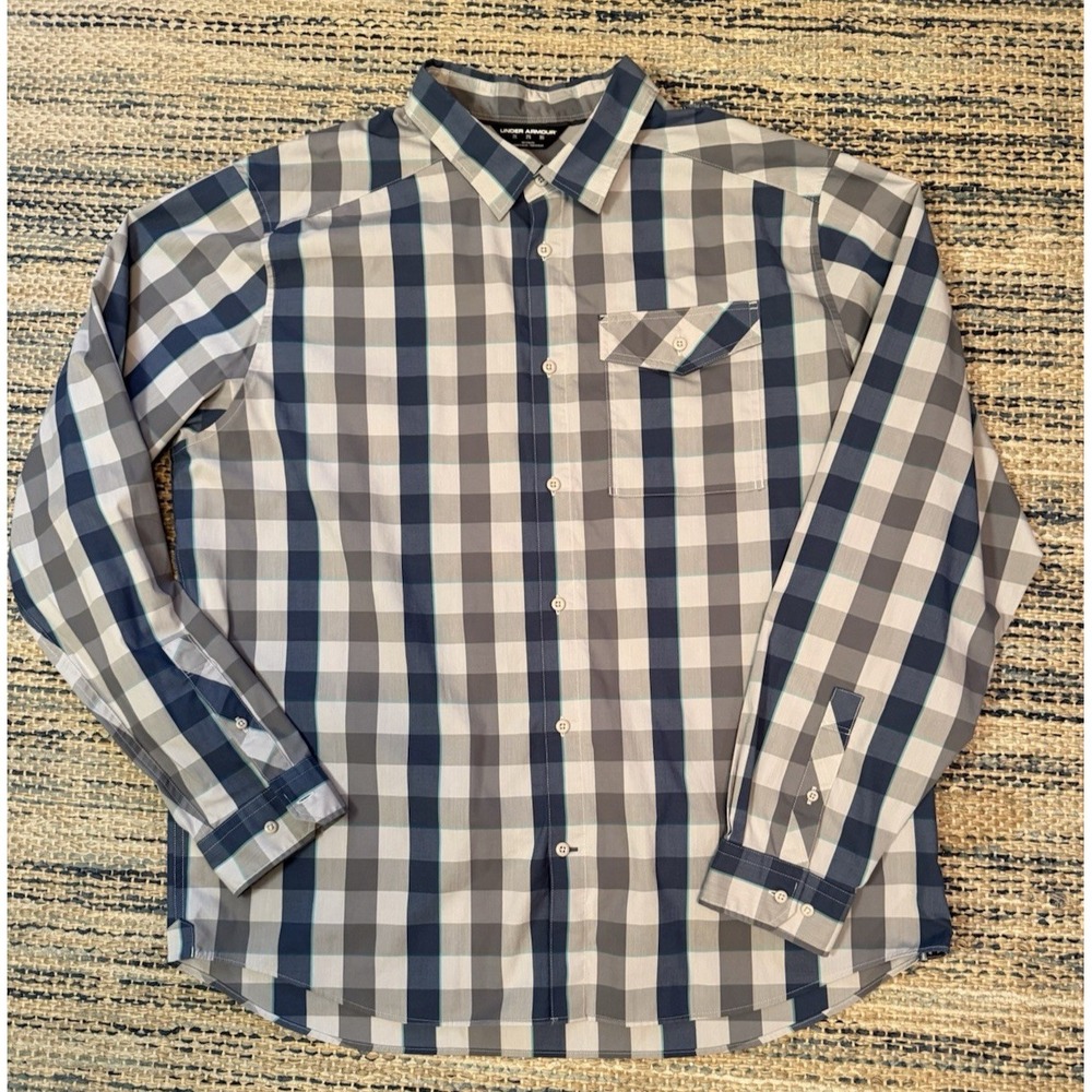 Under Armour Mens 2XL ButtonDown HeatGear Grey Blue Plaid Longsleeve Causual